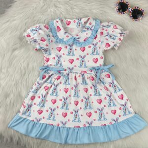 Cute Bunny Heart Print Ruffle Trim Short Sleeve Dress for Toddler Girls