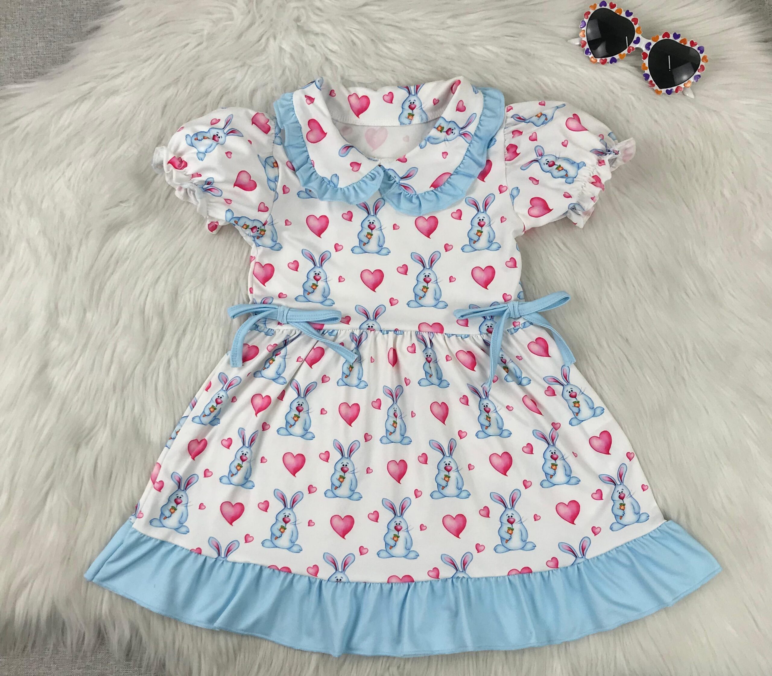 Cute Bunny Heart Print Ruffle Trim Short Sleeve Dress for Toddler Girls